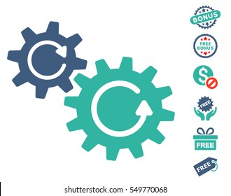 Cogs Rotation icon with free bonus clip art. Vector illustration style is flat iconic symbols, cobalt and cyan colors, white background.