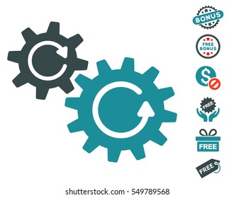 Cogs Rotation icon with free bonus pictograms. Vector illustration style is flat iconic symbols, soft blue colors, white background.