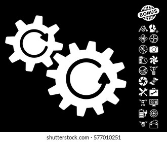 Cogs Rotation pictograph with bonus aircopter tools clip art. Vector illustration style is flat iconic white symbols on black background.