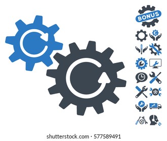Cogs Rotation pictograph with bonus tools pictures. Vector illustration style is flat iconic smooth blue symbols on white background.