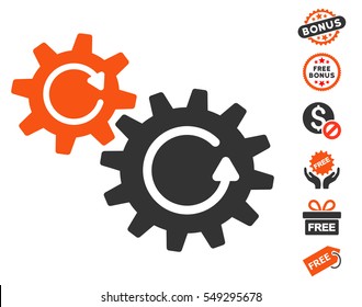 Cogs Rotation pictograph with free bonus pictograph collection. Vector illustration style is flat iconic symbols, orange and gray colors, white background.