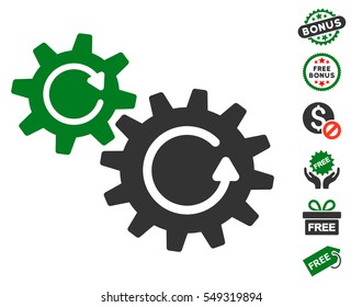 Cogs Rotation pictograph with free bonus pictograph collection. Vector illustration style is flat iconic symbols, green and gray colors, white background.