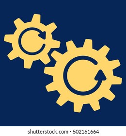 Cogs Rotation vector pictogram. Style is flat graphic symbol, yellow color, blue background.