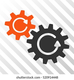 Cogs Rotation vector pictograph. Illustration style is flat iconic bicolor orange and gray symbol on a hatched transparent background.