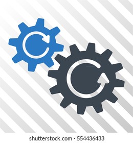 Cogs Rotation vector pictograph. Illustration style is flat iconic bicolor smooth blue symbol on a hatched transparent background.