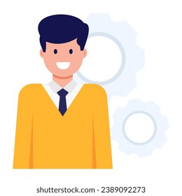 Cogs wit person, flat icon of manager