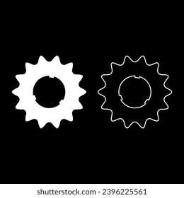 Cogset sprocket bicycle star gear service sprocket cogs wheel with teeth engages with chain set icon white color vector illustration image solid fill outline contour line thin flat style