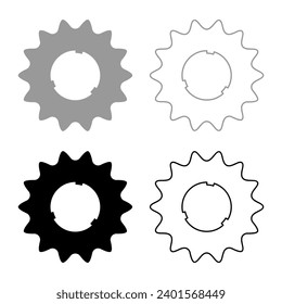 Cogset sprocket bicycle star gear service sprocket cogs wheel with teeth engages with chain set icon grey black color vector illustration image solid fill outline contour line thin flat style