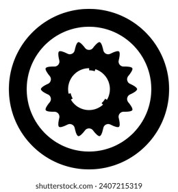 Cogset sprocket bicycle star gear service sprocket cogs wheel with teeth engages with chain icon in circle round black color vector illustration image solid outline style