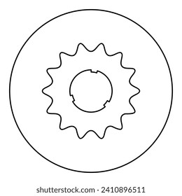 Cogset sprocket bicycle star gear service sprocket cogs wheel with teeth engages with chain icon in circle round black color vector illustration image outline contour line thin style