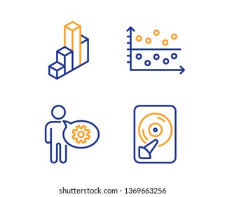 Cogwheel, 3d chart and Dot plot icons simple set. Hdd sign. Engineering tool, Presentation column, Presentation graph. Memory disk. Science set. Linear cogwheel icon. Colorful design set. Vector