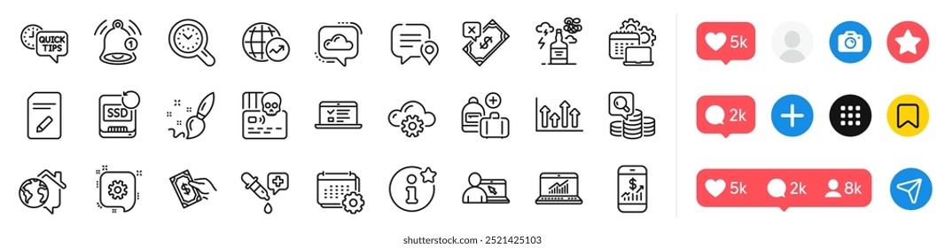 Cogwheel, Add handbag and Chat bubble line icons pack. Social media icons. Calendar, Pay money, Reminder web icon. Web lectures, Time management, Software pictogram. Vector