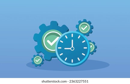 Cogwheel with an approval badge and an alarm clock in a scene showing a performance icon.on blue background.Vector Design Illustration.