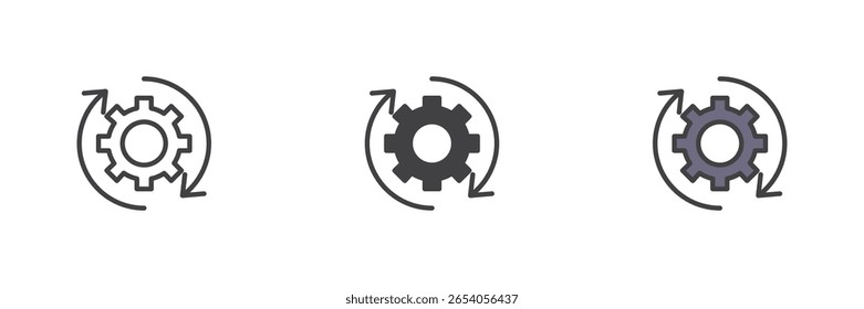 Cogwheel with arrows different style icon set. Line, solid and filled outline vector icon. Process, mechanical gear sign, automation symbol. Vector industry icon pack.