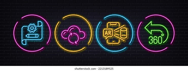 Cogwheel blueprint, Cloud sync and Augmented reality minimal line icons. Neon laser 3d lights. 360 degrees icons. For web, application, printing. Vector