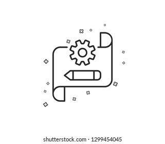 Cogwheel blueprint line icon. Engineering tool sign. Edit settings symbol. Geometric shapes. Random cross elements. Linear Cogwheel blueprint icon design. Vector