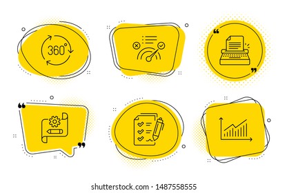 Cogwheel blueprint, Typewriter and Graph signs. Chat bubbles. 360 degree, Survey checklist and Correct answer line icons set. Virtual reality, Report, Approved. Edit settings. Technology set. Vector