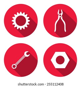 Cogwheel, bolt nut, wrench key, pliers  icon. Repair fix tool symbol. Round red circle flat icon with long shadow. Vector