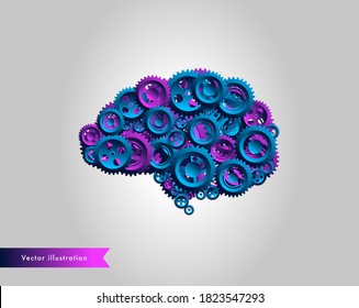 Cogwheel brain machine - Human brain illustration made of gears and cogwheels in blue and purple. Brain functions, creativity and intellect concept. Vector format.