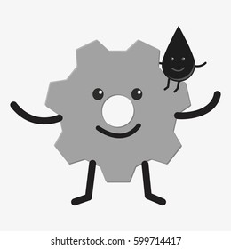 Cogwheel character with oil drop. Isolated on white background. Flat vector stock illustration