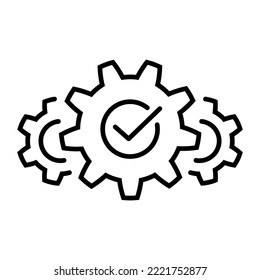 Cogwheel with check line icon in flat. Gear with tick sign. Successful process symbol on white. Success sign with cog. Update sign, technology, engine. Vector illustration for graphic design, Web, UI.