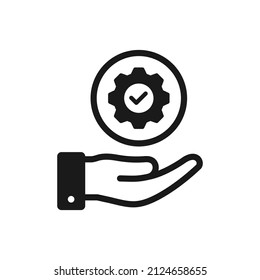 Cogwheel And Check Mark On Hand. Execution, Progress, Development Icon Design Isolated. Vector Illustration