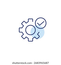 Rueda dentada y marca de verificación. Actualizar aprobados, mantenimiento del sistema completado. Icono de Vector de trazo perfecto y editable