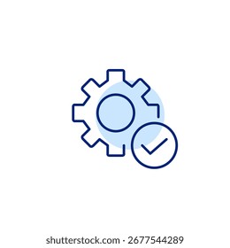 Cogwheel e marca de seleção. Operação concluída, configuração aprovada. Pixel perfeito, ícone de vetor de traçado editável