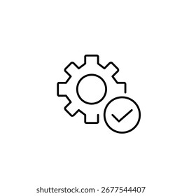 Cogwheel e marca de seleção. Operação concluída, configuração aprovada. Pixel perfeito, ícone de vetor de traçado editável