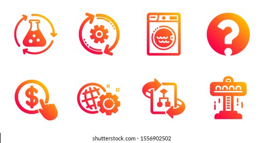 Cogwheel, Chemistry experiment and Seo gear line icons set. Laundry, Question mark and Buy currency signs. Technical algorithm, Attraction symbols. Engineering tool, Laboratory flask. Vector