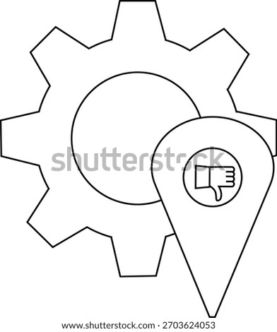 A cogwheel a circle and a location pin containing a thumbs down icon