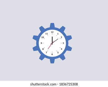 Cogwheel clock. Blue gear circle with dial and hands optimization control mechanism with timer settings technical efficiency and industrial vector information.