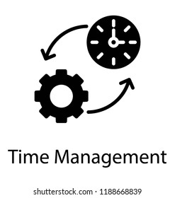 Cogwheel and clock connected via arrows showing icon concept of time management