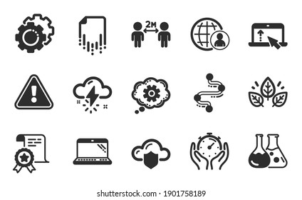 CogWheel, protección en la nube y conjunto simple de iconos Timer. El clima de tormenta, deslizar y firmar el certificado. Archivo de recuperación, Portátil y Símbolos de distanciamiento social. Juego de iconos planos. Vector