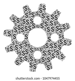 Cogwheel collage of dollar symbols. Vector dollar currency icons are grouped into cogwheel illustration.