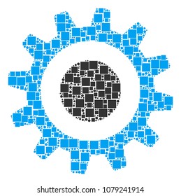 Cogwheel collage icon of square shapes and spheric dots in different sizes. Vector objects are composed into cogwheel illustration design concept.