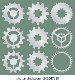 Cogwheel collection machine gear, set of metal gear wheels vector illustration