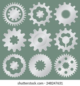 Cogwheel collection machine gear, set of aluminum gear wheels vector illustration