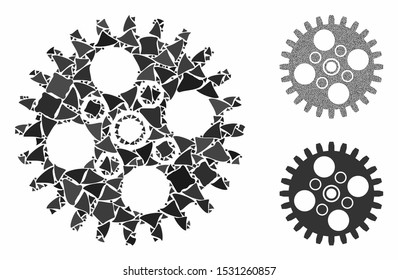 Cogwheel composition of abrupt pieces in variable sizes and shades, based on cogwheel icon. Vector ragged pieces are grouped into composition. Cogwheel icons collage with dotted pattern.
