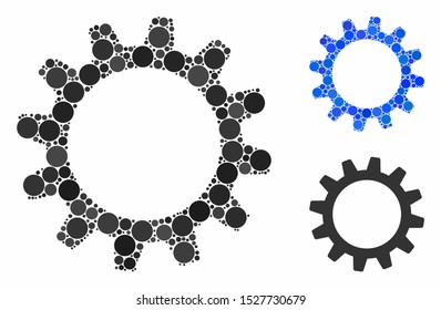 Cogwheel composition of circle elements in variable sizes and color tones, based on cogwheel icon. Vector circle elements are organized into blue composition.