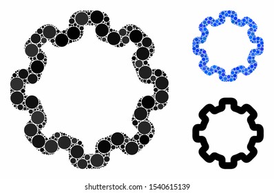 Cogwheel composition of circle elements in variable sizes and color tinges, based on cogwheel icon. Vector circle elements are organized into blue composition.