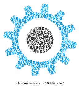Cogwheel composition of dollars and sphere dots. Vector dollar currency pictograms are arranged into cogwheel composition.