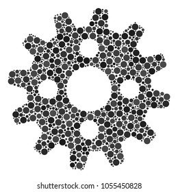 Cogwheel composition of dots in different sizes and color hues. Filled circles are organized into cogwheel vector composition. Vector illustration.