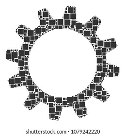 Cogwheel composition icon of square figures and round items in various sizes. Vector items are combined into cogwheel collage design concept.