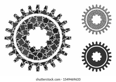 Cogwheel composition of raggy elements in variable sizes and color tints, based on cogwheel icon. Vector raggy pieces are combined into composition. Cogwheel icons collage with dotted pattern.