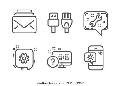 Cogwheel, Computer cables and Online quiz icons simple set. Spanner, Mail and Weather phone signs. Engineering, Rj45 internet. Technology set. Line cogwheel icon. Editable stroke. Vector