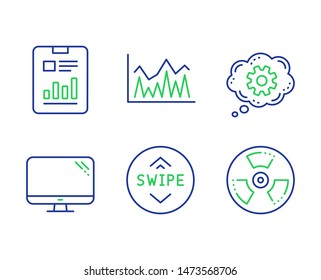 Cogwheel, Computer and Investment line icons set. Report document, Swipe up and Chemical hazard signs. Engineering tool, Pc component, Economic statistics. Page with charts. Science set. Vector
