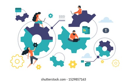 Cogwheel cooperation concept. Flat gear business mechanism, people management and organization. Vector illustrations integration mechanism business communication into people lives