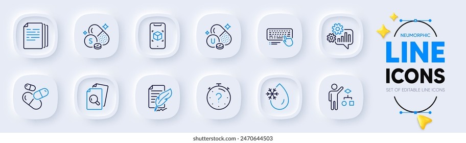 Cogwheel, Copiar documentos e Iconos de línea de firma Feather para App de Web. Pack de iconos de pictogramas de teclado de realidad aumentada, Inspeccionar, Ordenador. Píldora de la cápsula, vitamina U, signos del algoritmo. Vector