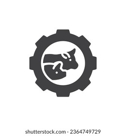 Cogwheel with cow and pig vector icon. filled flat sign for mobile concept and web design. Livestock management glyph icon. Symbol, logo illustration. Vector graphics